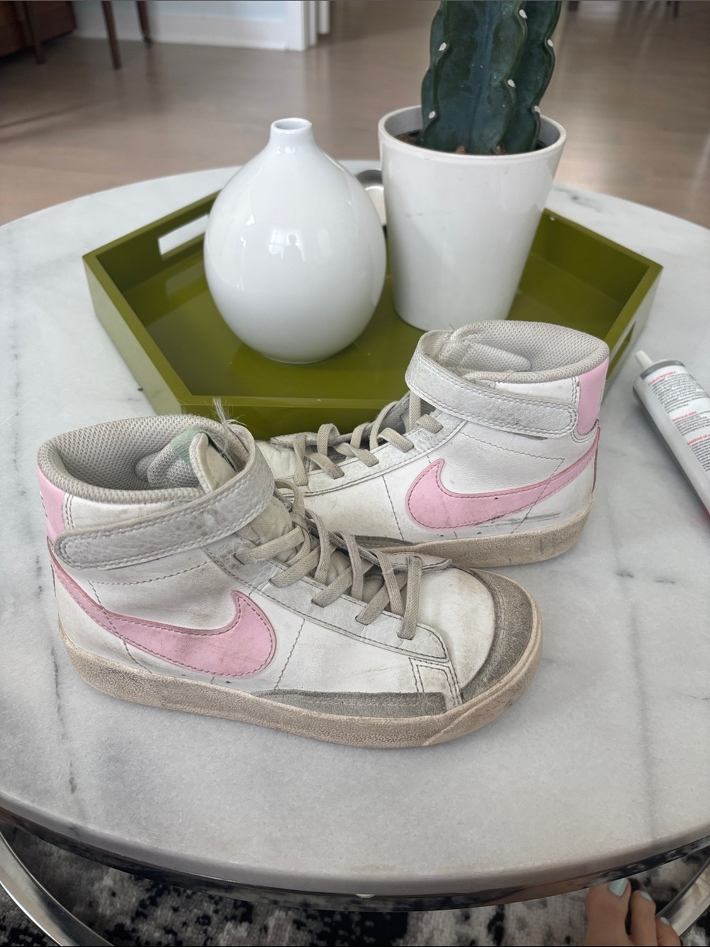 Nike Kids High-Top Sneakers in White and Pink Accents